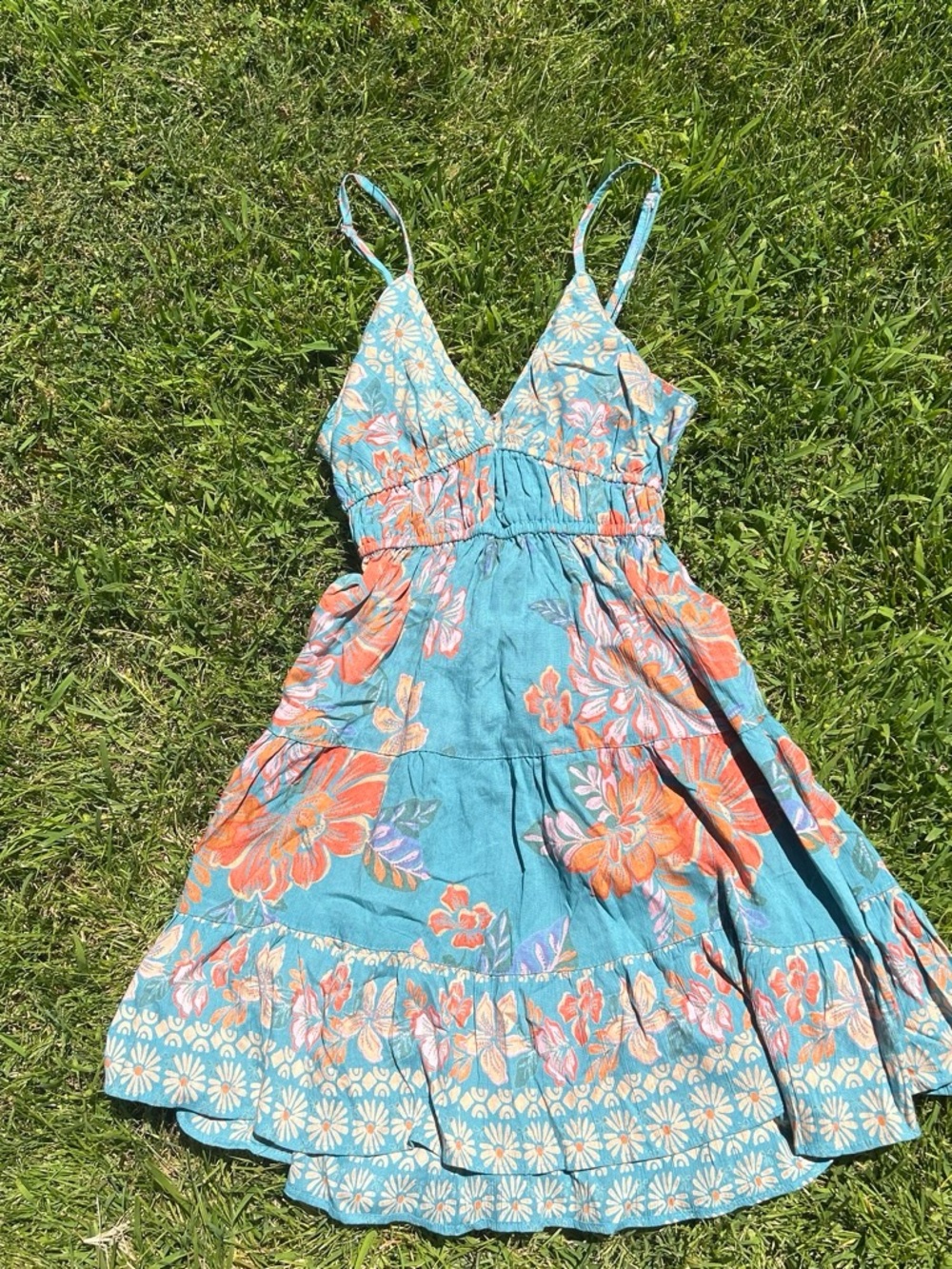Angie Turquoise Floral Tiered Sundress with Orange Accents